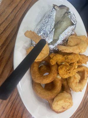 Flounder, Baked Potato, and Chicken Tenders