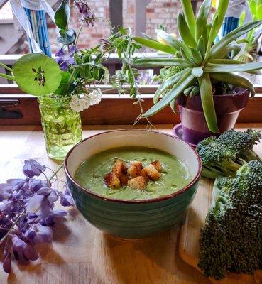 Our "Broccoli Soup" served with toasted Croutons. Tasty with a little kick of chilly