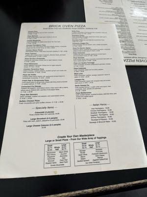 Pizza menu