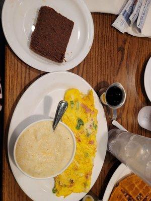 Cheese grits western omelette and livermush