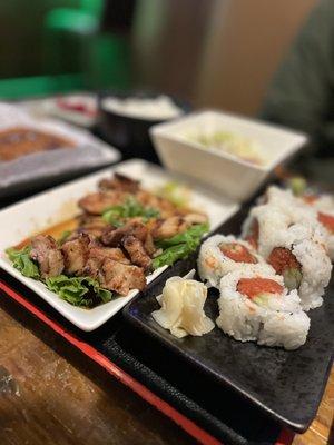 3 item Bento with chicken teriyaki, pork katsu, and a spicy tuna roll