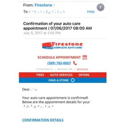 Email confirmation for my appointment. Ended up being useless at this location because they didn't have me on their schedule.