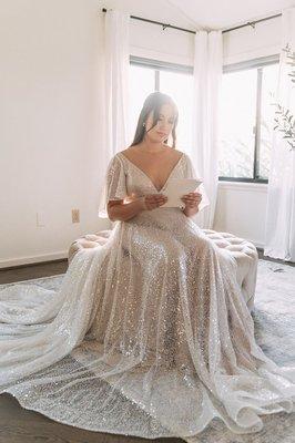 Flounce sleeve sequined gown