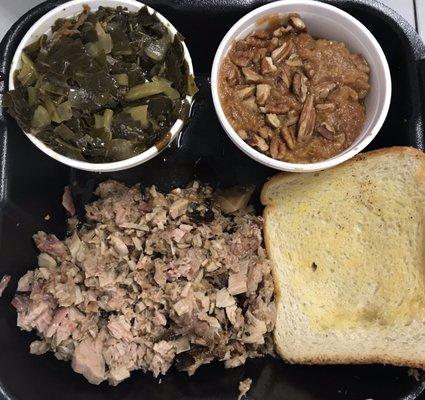 Carolina Pork with Collard Greens and Sweet Potato Soufflé