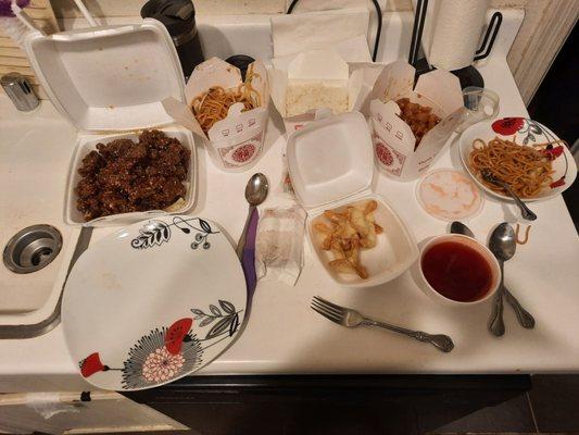 Dinner...Sesame Beef. Chow mein. White rice. Crab ragoons. Orange chicken. Eggrolls. S&S sauce.