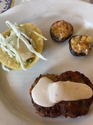 Baja fish taco w guacamole; Maryland crab cake w lemon aoli; sausage-stuffed mushrooms w Gouda