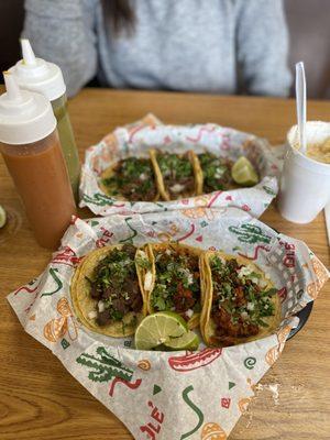 Al Pastor and Lengua in the forefront and Barbacoa in the background.