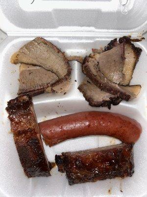 3 meat dinner with Ribs, Sausage and Brisket