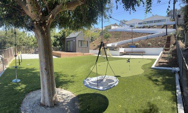 Retaining walls / stucco / concrete / floating steps / floating bench / putting green / turf / deck / office / zip line / landscape design