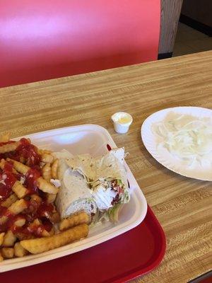 8/21/17Turkey wrap & French fries. APPEARS OKAY but I didn't care for it. Fries were passing; sandwich WAsn'T.