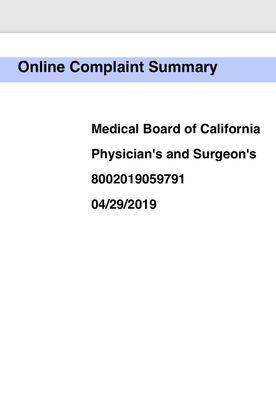 Screen shot of formal complaint number filed with Medical Board of California, California department of consumer affairs Ca.gov