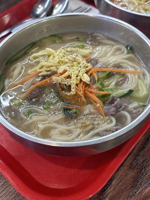 Beef noodle soup with udon.