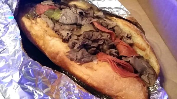 Cheesesteak with mushrooms, onions, peppers, provolone, & pepperoni.