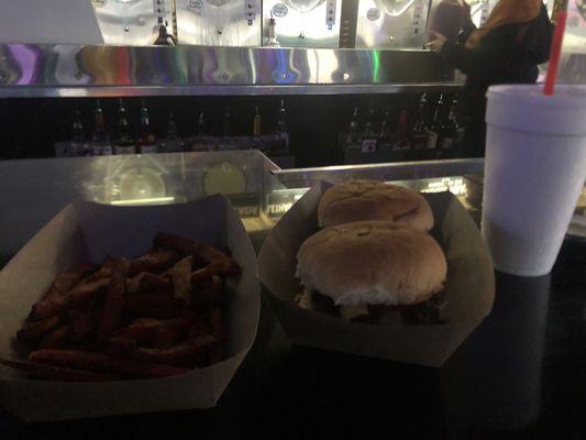 2 Monday burger specials and sweet potato fries covered in cinnamon & sugar.