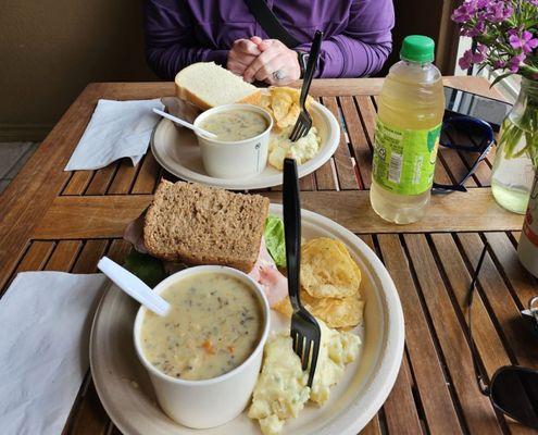 Club sandwich with wild rice soup and cranberry cream cheese sandwich with the softest bread!