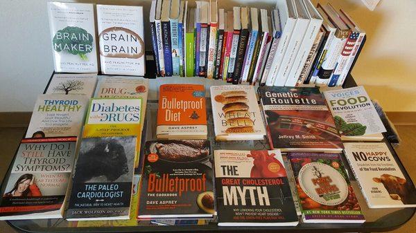 Display of wellness related books and resources to BULLETPROOF your new healthy lifestyle.