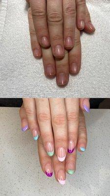 Before and after  Apres Gel X nail extentions colorful French tips