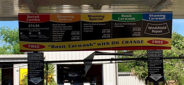 Car wash menu