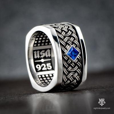 Celtic Knot Band Ring in Sterling Silver and Blue Sapphire by NightRider Jewelry