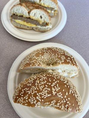 Bagel sandwich with sausage, egg and cheese & a sesame bagel with cream cheese