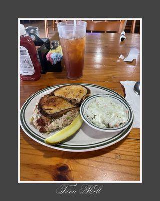 Tuna melt, Cole slaw and a pickle spear. Hal & Half sweet tea.