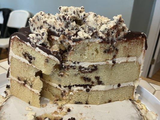 Inside chocolate chip cookie dough cake