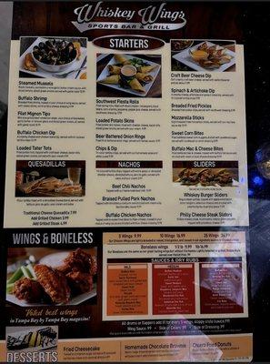 Menu, Whiskey Wings, Oldsmar, Tampa