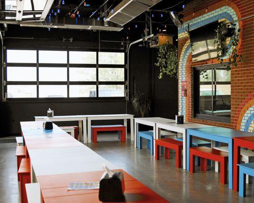 Indoor/Outdoor Patio with four garage doors