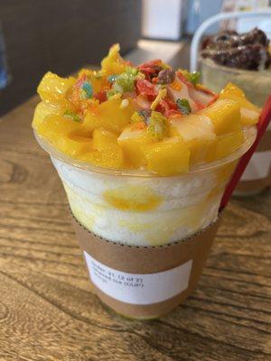 Mango Shaved Ice in a cup.  Made perfectly because there was a generous amount of chopped mangoes.