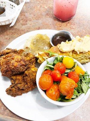 Fried Chicken, mashed potatoes, corn bread, veggie of the day