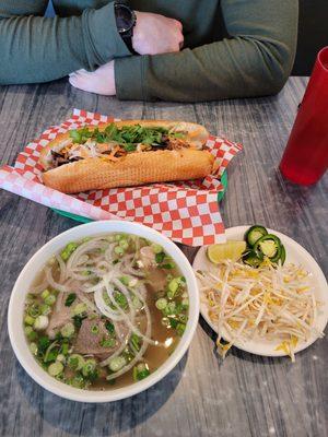 Small well done brisket and tendon pho, beef Bahn mi. Pho didn't come with basil for some reason this time.