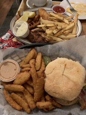 Seafood platter with Lake Erie perch, crab cake and clam strips  Burger with bacon and American cheese