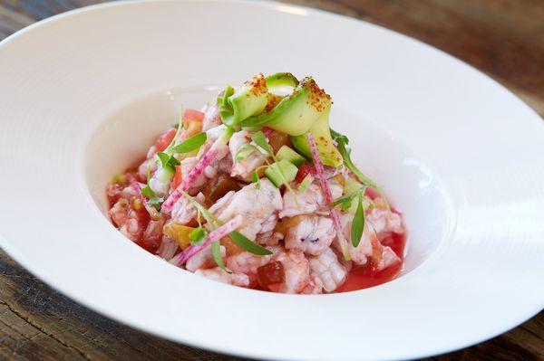 Shrimp Ceviche made with Blood Orange, Heirloom Tomatoes, Watermelon Radish, and Cilantro Microgreens