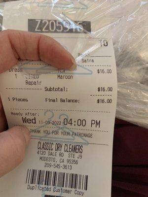 Receipt that dress had been repaired