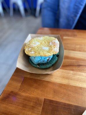 Cookie monster cookie, butter cake cookie, with bear batter ice cream sandwich.