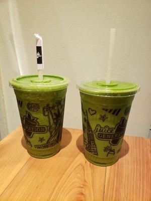 Left: Hi-Fibe (Blended spinach, kale, cucumber, and green apple) Right: Mr. GreenGenes (Oat Milk, date, spinach, kale, mango, banana)