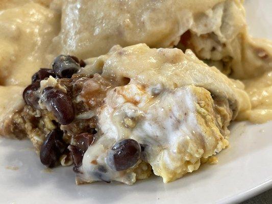 Inside of Arroyo Burrito with added sausage gravy.