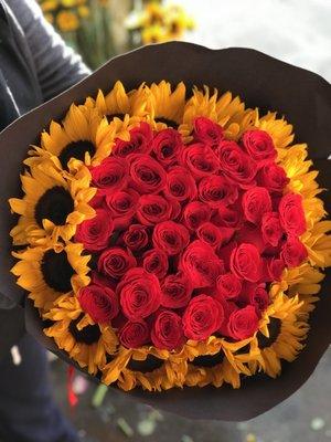 Red roses and sunflowers