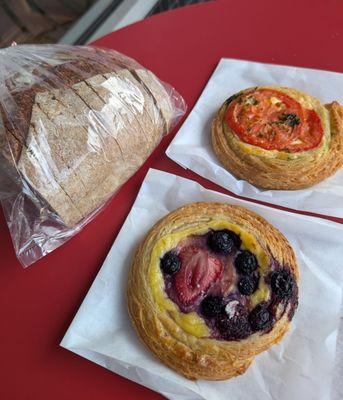 Berry danish. Tomato and basil danish. Sourdough bread.