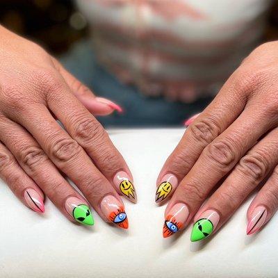 90s inspired colorful nail art for a gel manicure with gel extensions