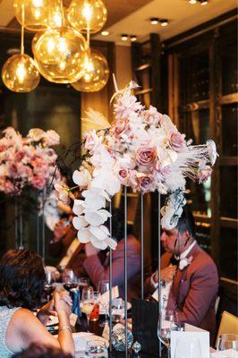 Tall table arrangements at our dinner reception at Scarpetta at the Cosmopolitan Hotel