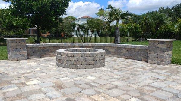 Patio with Decorative wall+columns and a Fire pit. Paver