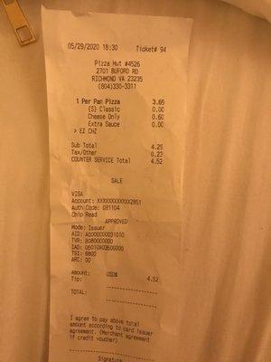 The Pizza Hut restaurant where this took place, as well as proof of what I'd ordered, versus what I received!