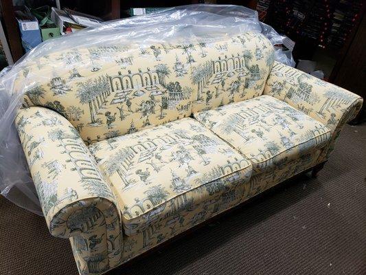 Finished reupholstered sofa with fabric from 1502 Fabrics! Amazing!