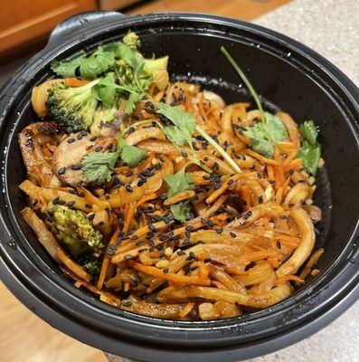 Japanese Pan Noodles $7.50 (no meat/no protein). Comes with broccoli, mushrooms, carrots.