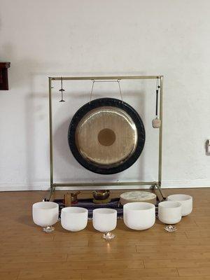 Gong, crystal bowls, Buffalo drum and Koshi chimes.