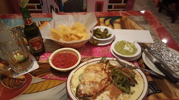 Pollo Fundido,  "guacamole and salsa", Dos Equidistant Lager.....