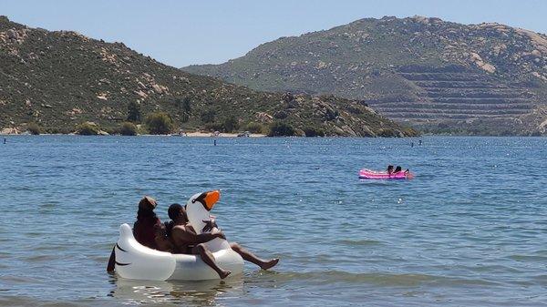 Floating in the water with a Floating purchased at the beach. Price ranged $10-$40 (pictured). Beach walking distance from our camp site