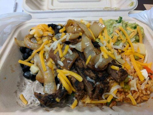 Steak burrito bowl ... All the fixings except spicy peppers.