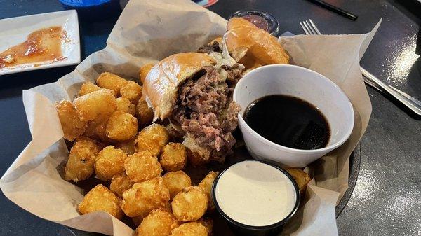 Prime rib French Dip and tator tots